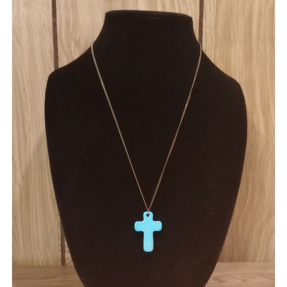 Vintage Faux Turquoise Blue Stone Cross Pendant 22-24" Brass Chain Necklace